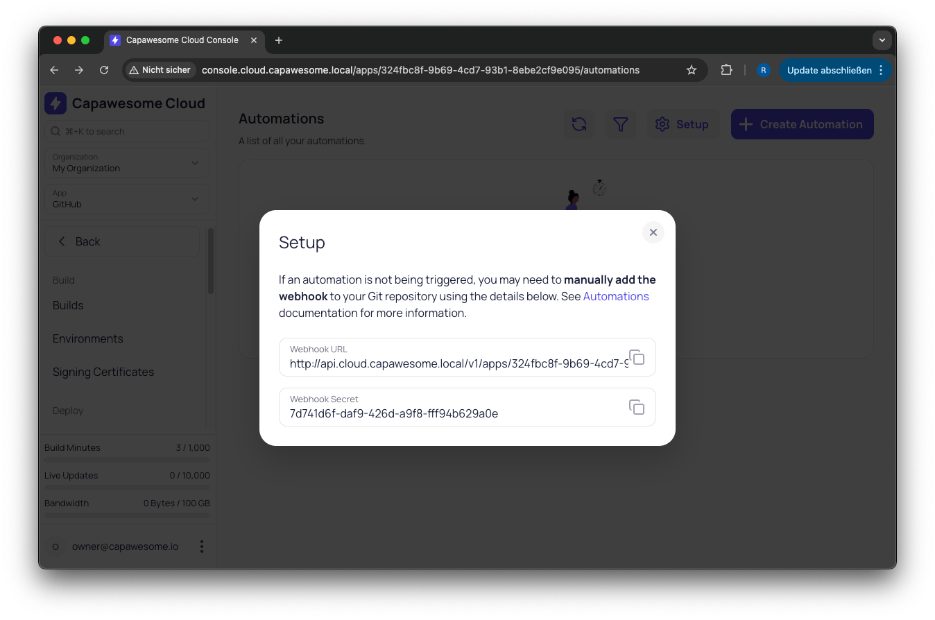 Webhook Setup Dialog