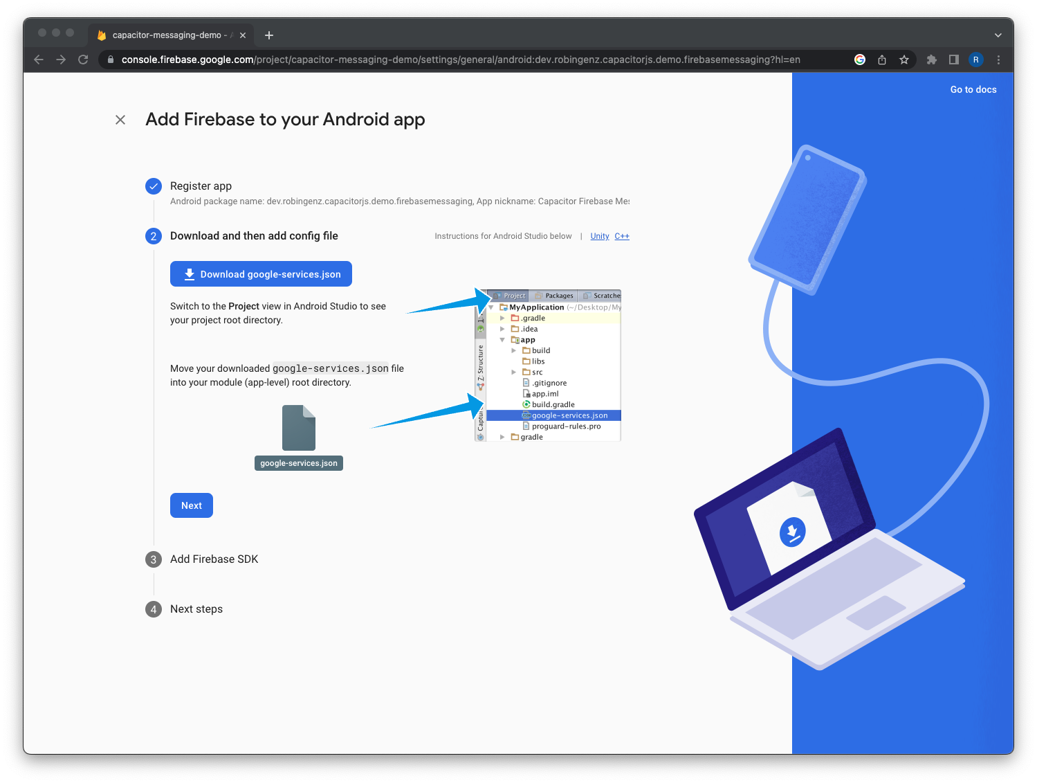 Add Firebase to your Android App - Download and then add config file