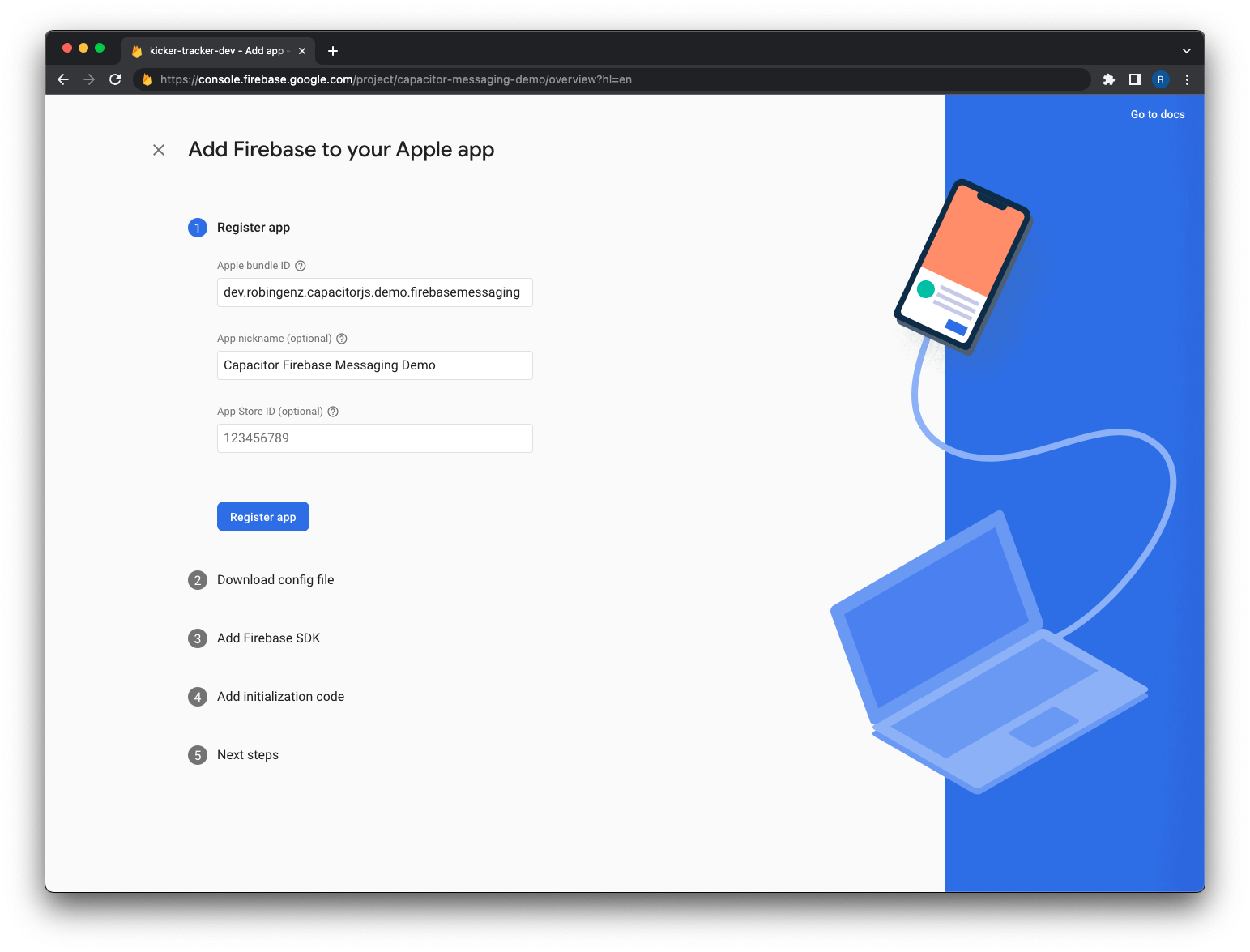 Add Firebase to your Apple App - Register app