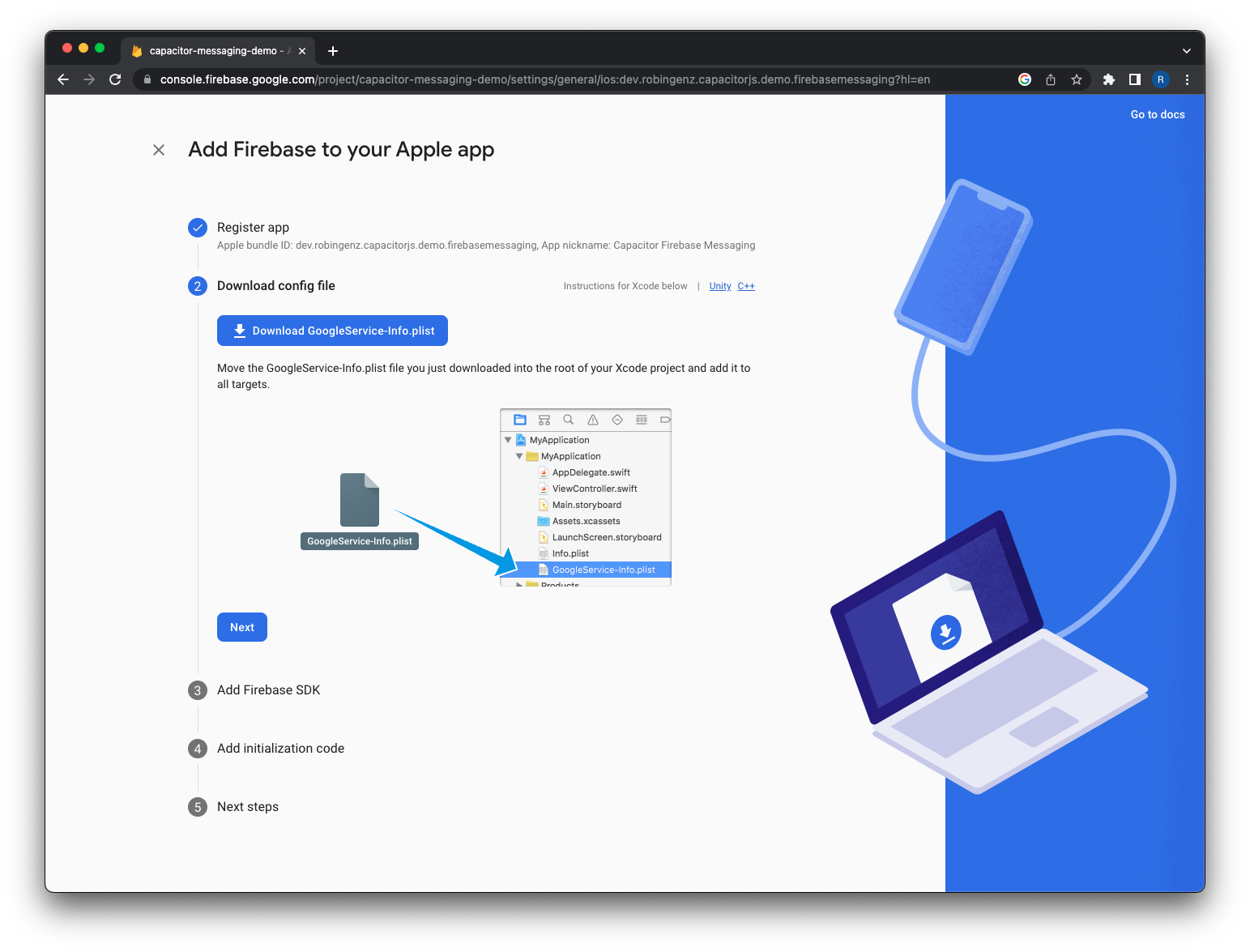 Add Firebase to your Apple App - Download config file