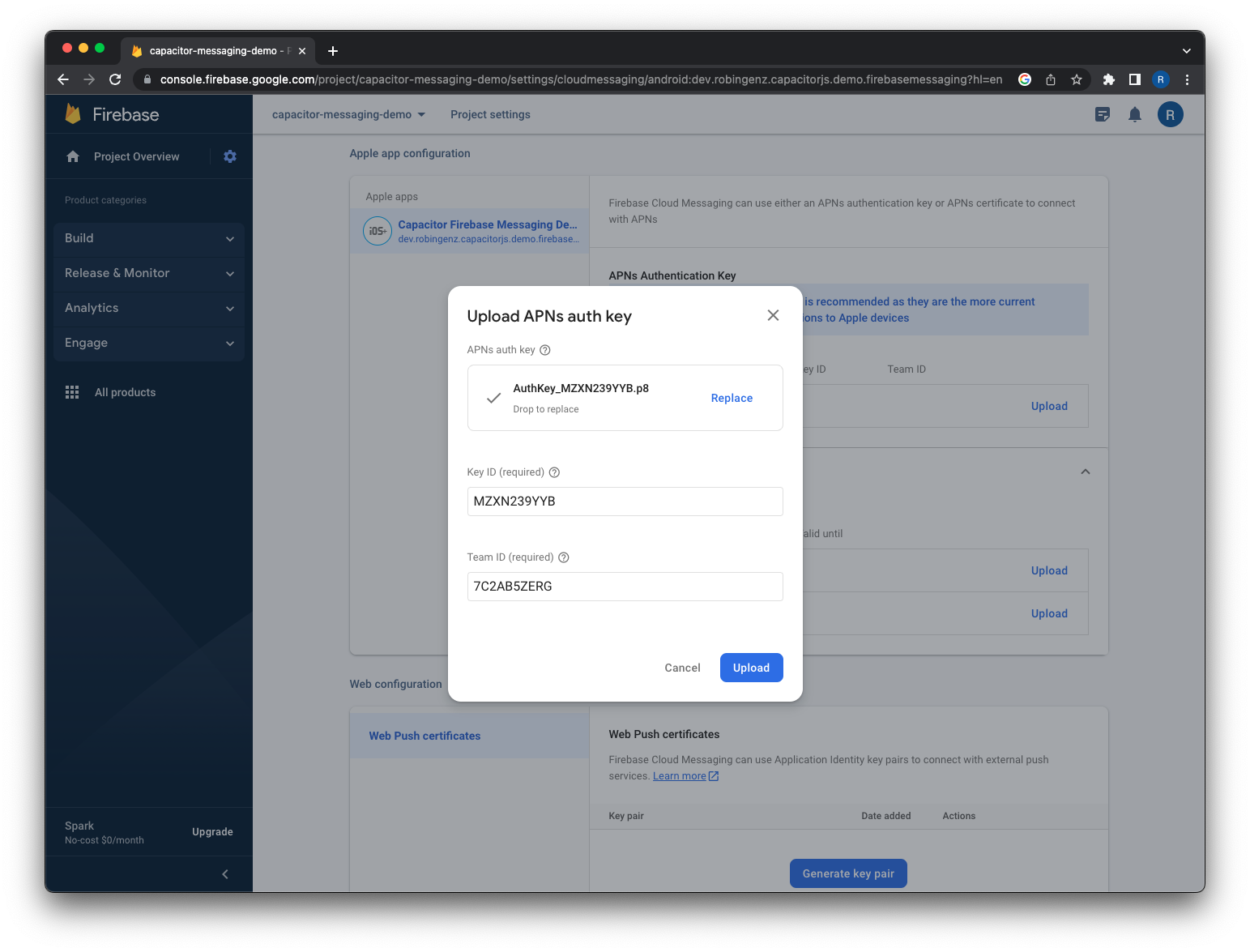 Upload APNs auth key