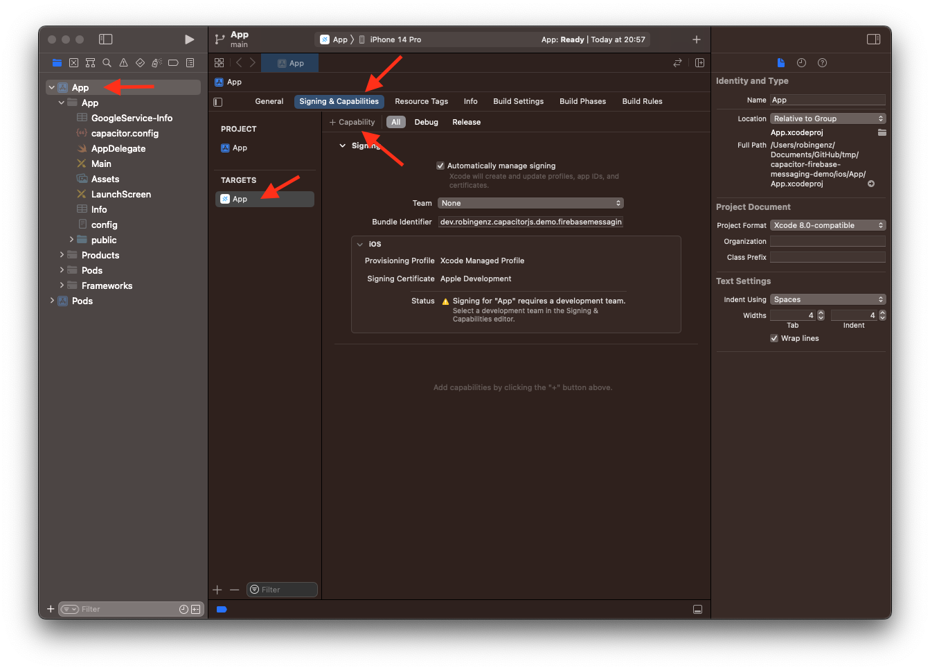 Enable Push Notification capabilities in Xcode