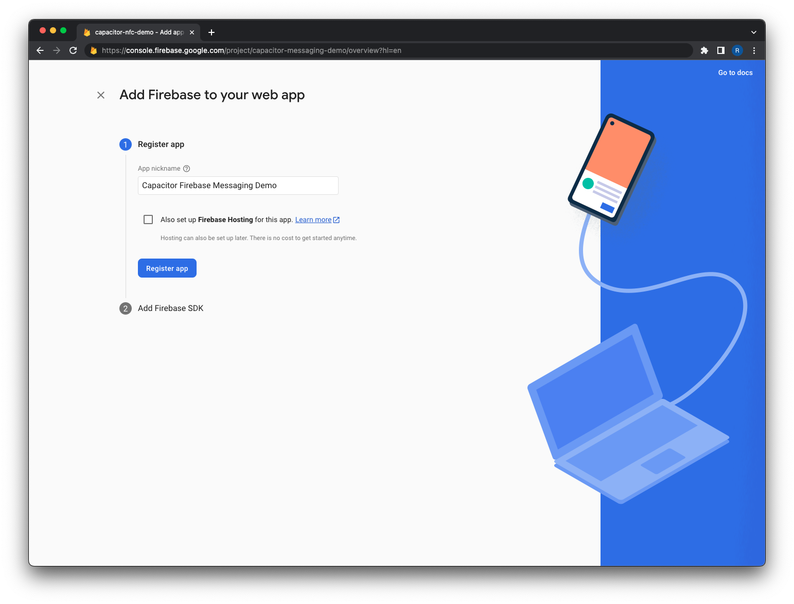 Add Firebase to your web app - Register app