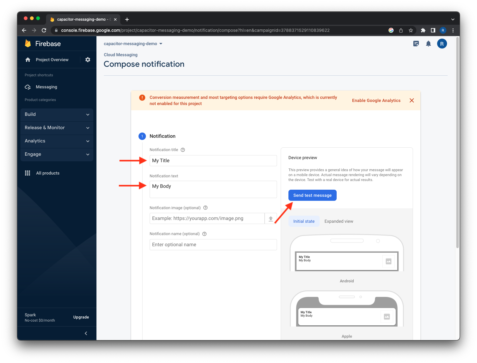 Firebase Console - Send test message