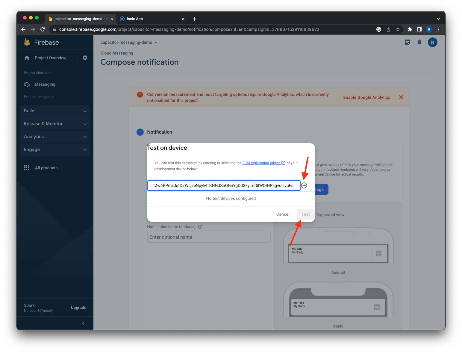 Firebase Console - Test on device