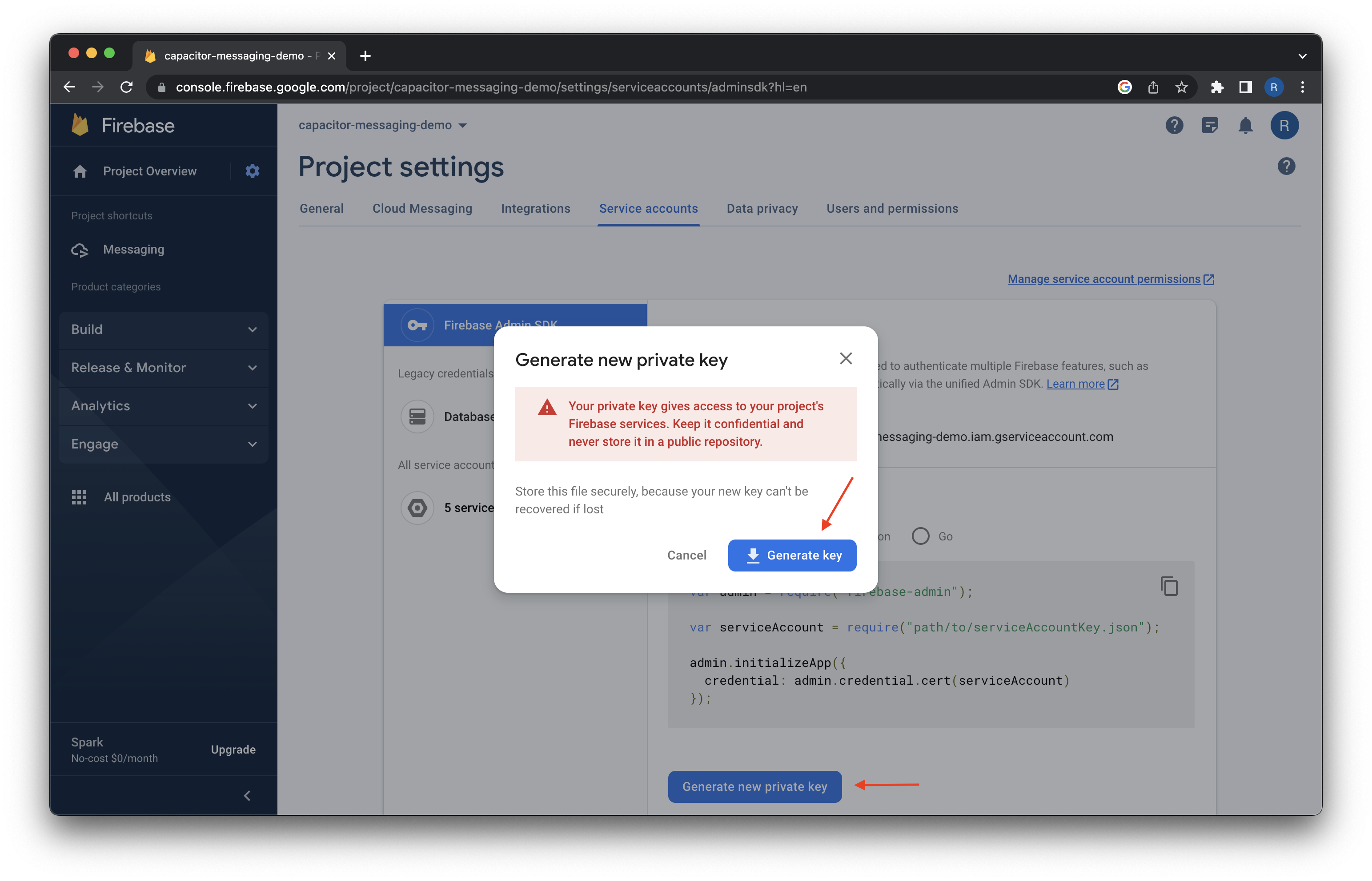 Firebase Console - Generate new private key